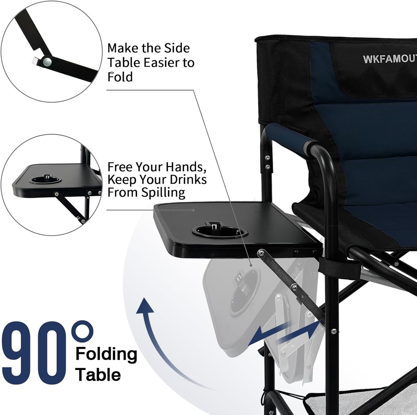 Tall Folding Directors Chair with Side Table 26.77" Seat Height Foldable Camping Chair Bar Stool for Makeup Artist Face Painting with Footrest and Storage Pocket Supports 350LBS