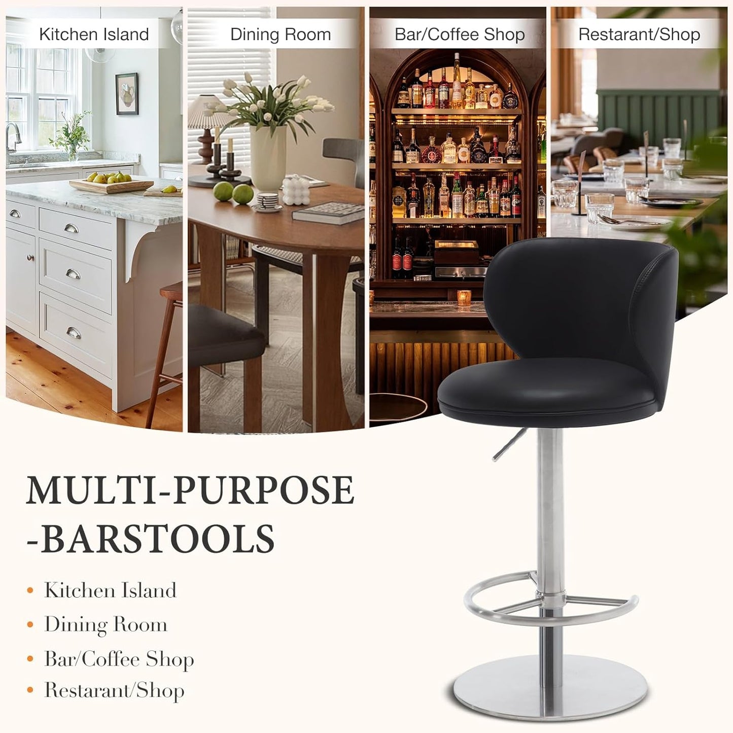 Bar Stools Adjustable Stainless Steel Swivel Barstool with Back and Footrest Leather Upholstered Bar Chairs for Home,Kitchen,Bar, Counter (Black, 1pc)