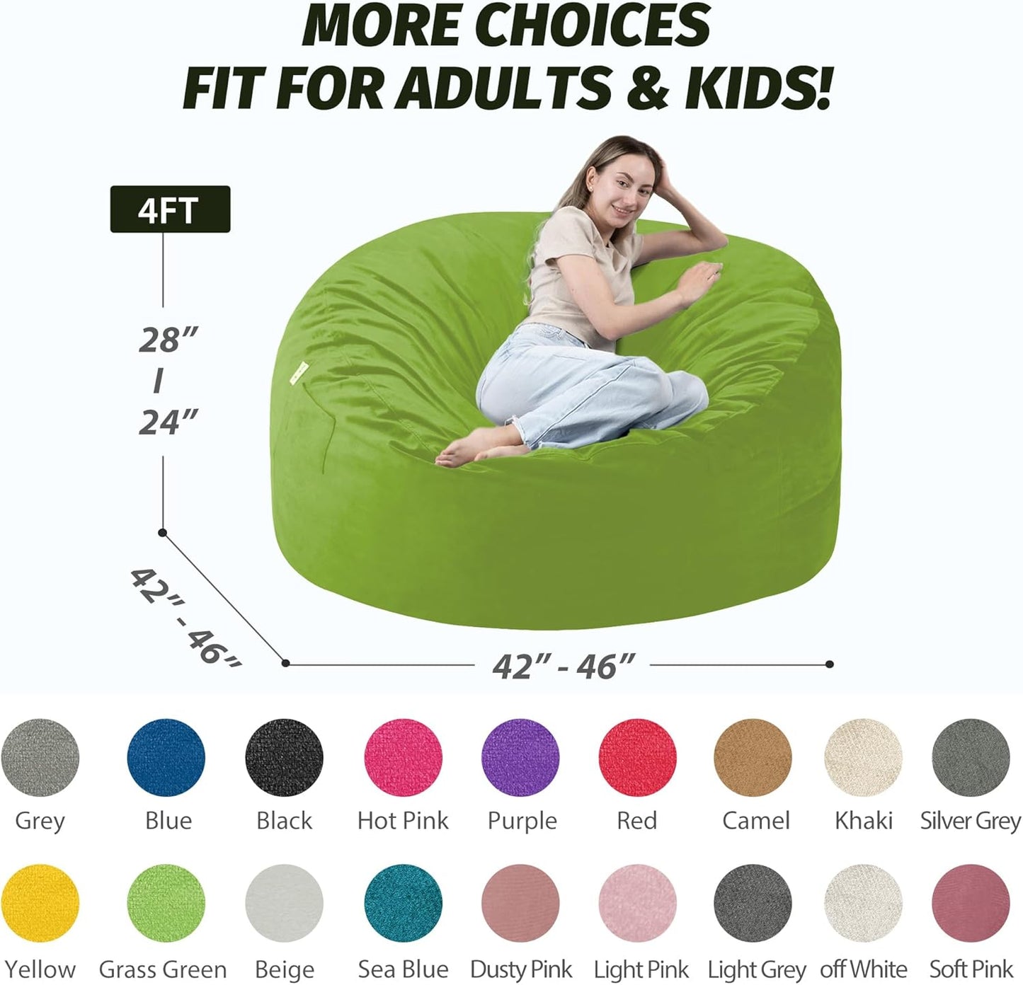 4FT Bean Bag Chair with Ultra Soft Velvet Cover Bean Bag Sofa with Memory Foam Bean Bag Chairs with Large Size Lazy Sofa for Dorm Office Living Room Bedroom Grass Green 4'