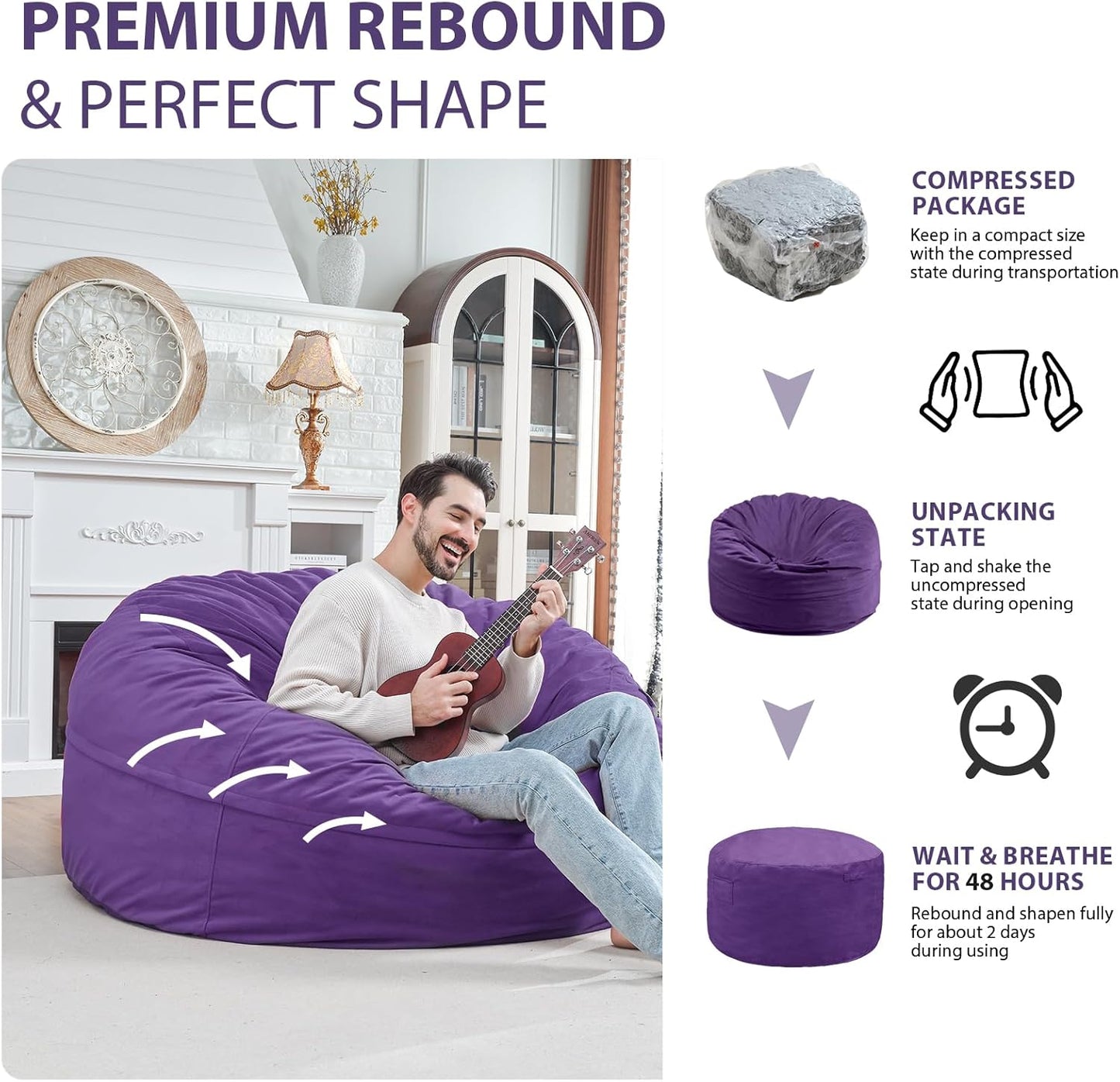 5FT Bean Bag Chair, Large Bean Bag Chairs with Memory Foam Filled, Fluffy Beanbag Sofa with Dutch Velvet Cover, Round BeanBag Chairs for Living Room, Playroom - Purple