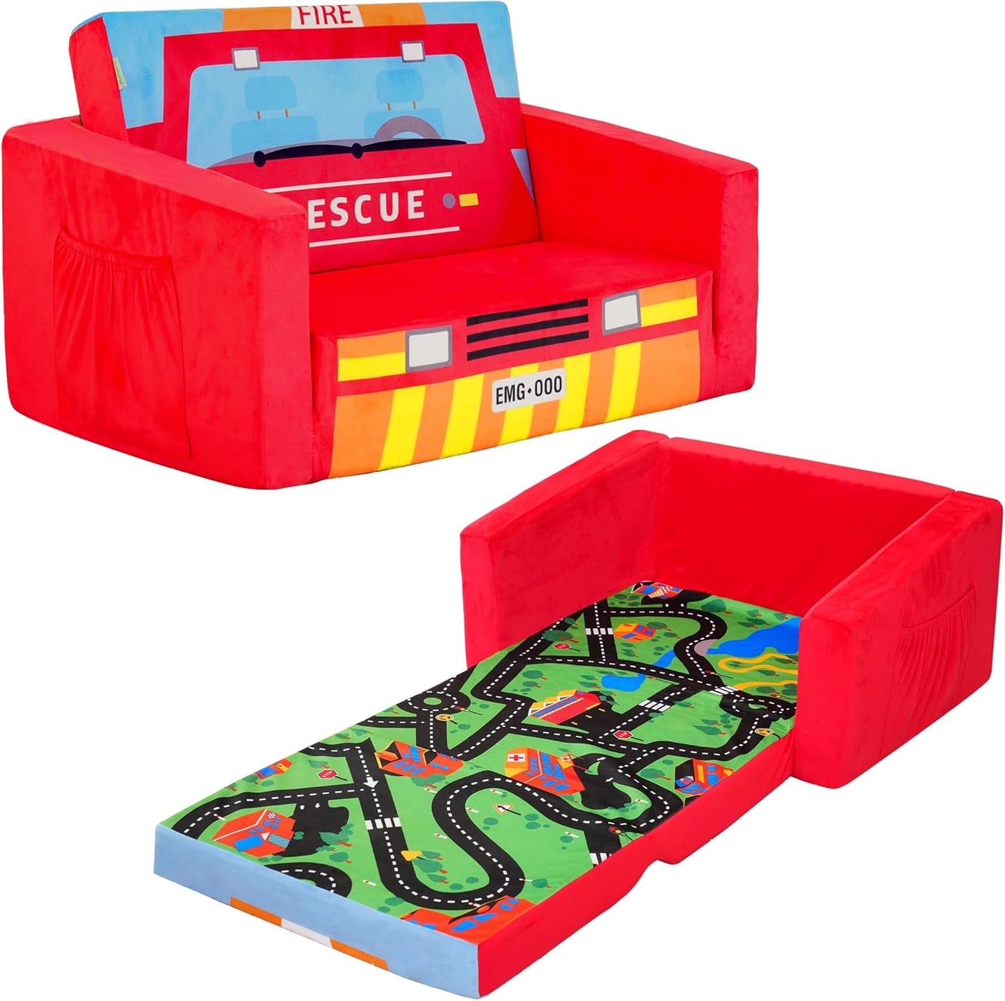 MallBest Kids Sofas Children's Sofa Bed Baby's Upholstered Couch Sleepover Chair Flipout Open Recliner(Red/Fire Truck)