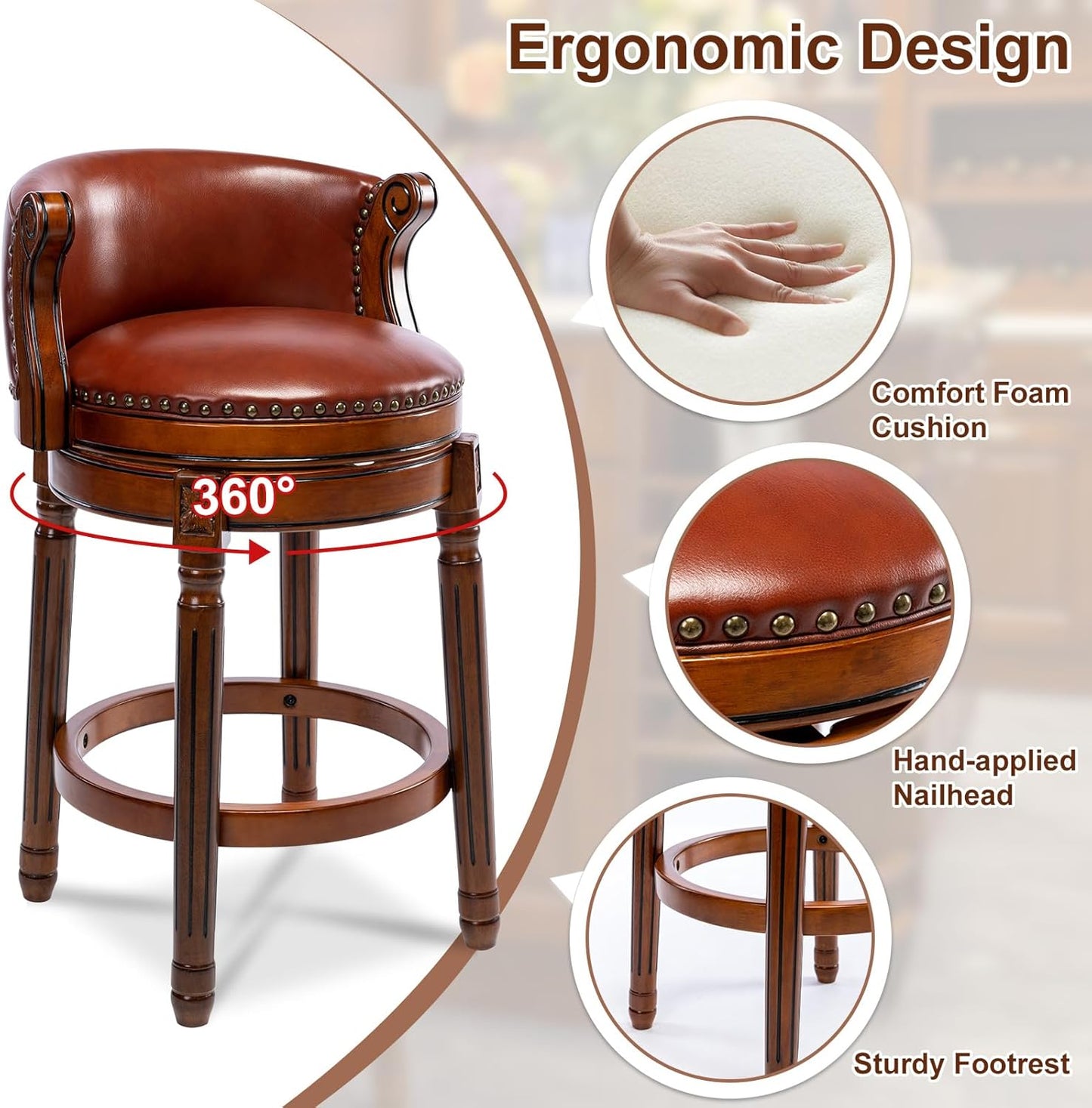 CozyRain Bar Stools Rubber Wood Counter Height Bar Stool Leather Upholstered Swivel Barstools with Back & Footrest for Home,Kitchen,Counter,Dining Room (Brown, Seat Height 26 in)