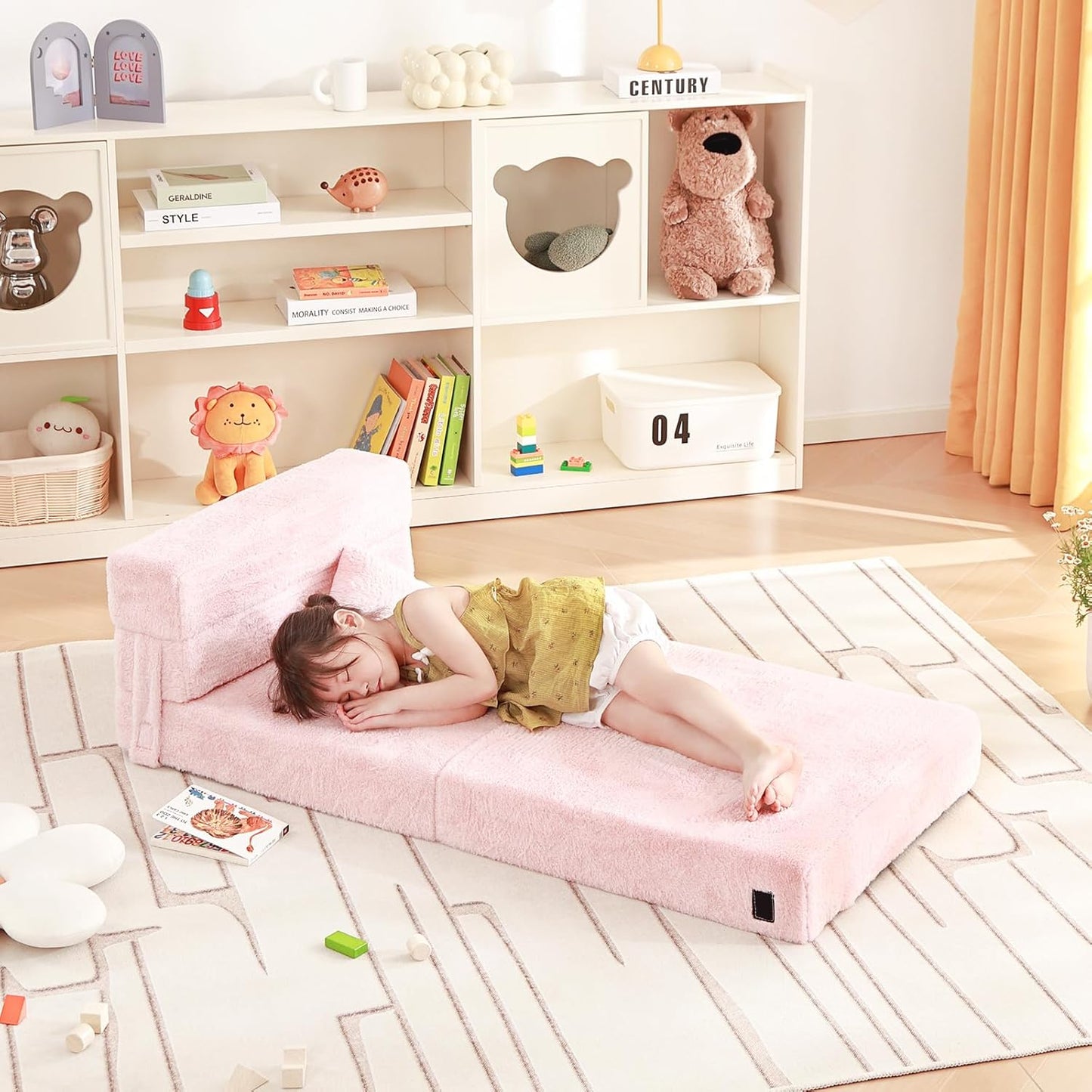 Folding Sofa Bed Floor Mattress for Kids with Pillow, Toddler Washable Folding Floor Nap Mat for Sleeping Daycare, Child Fold Up Sofa Futon Chair Bed with Storage Bag for Children