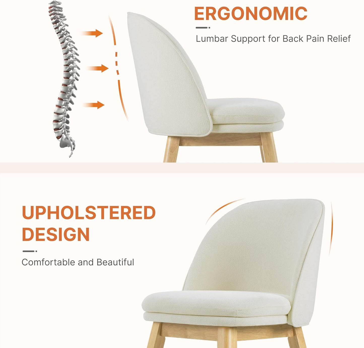 Wooden Dining Chairs Set of 2, Fabric Upholstered Modern Dining Room Chairs with Double-Layer Thick Seat Cushion & Ergonomic Backrest for Restaurant, Kitchen and Café, Beige