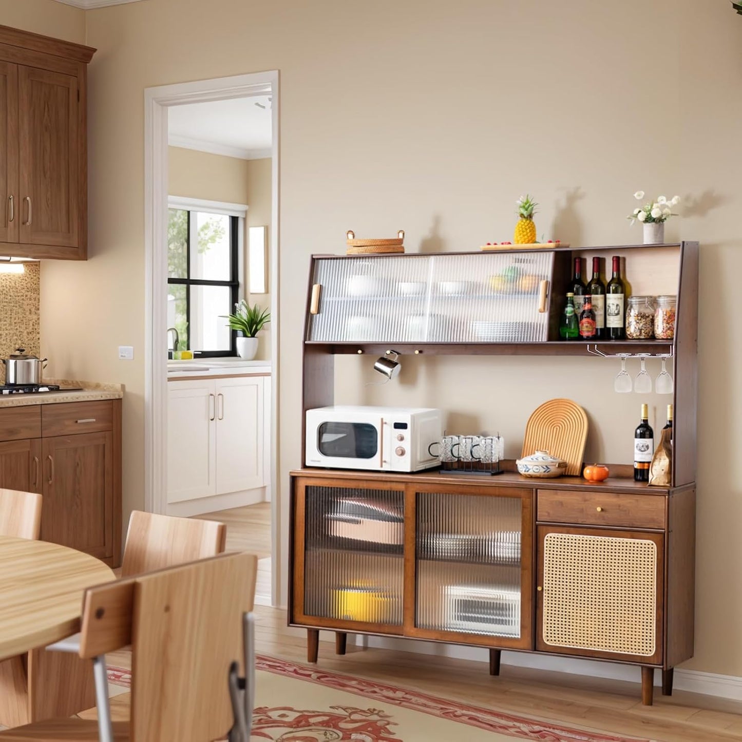 Tiita Kitchen Hutch with Countertop, 69” Rattan Solid Wood Pantry Cabinet with Hutch, Boho Bamboo Sideboard Buffet Cabinet, Boho Entryway Table for Living Room, Home Bar, Hallway, Walnut