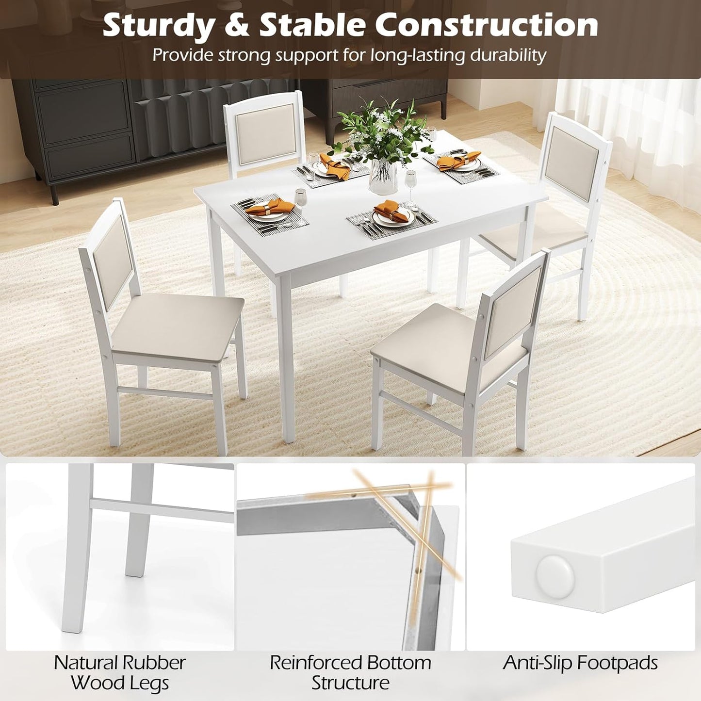Giantex 5-Piece Dining Table Set for 4 - Breakfast Nook Table Set with Kitchen Table, 4 Upholstered Chairs, Wood Legs, Space-Saving Dinette Set, Kitchen Table Chairs Set of 4 (White+Beige)