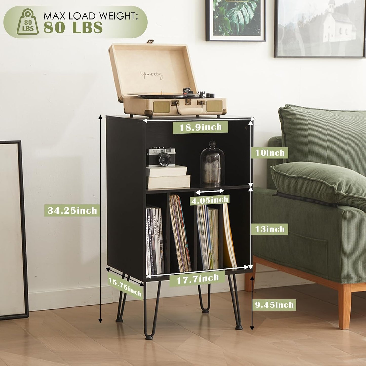 Record Player Stand with Vinyl Storage, Vinyl Record Storage Cabinet Holds Up to 150 Albums, End Table for Record Player, Turntable Stand with Record Storage for Living Room, Black