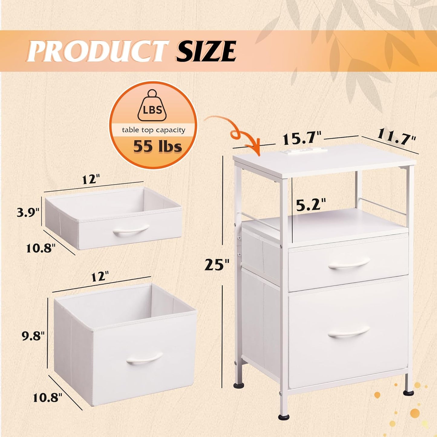 WLIVE Night Stand Set 2, White Nightstand with Charging Station, Nightstands for Bedroom Set of 2, Bedside Tables, Side Table with 2 Fabric Drawers, Small Dresser with USB Ports and Outlets