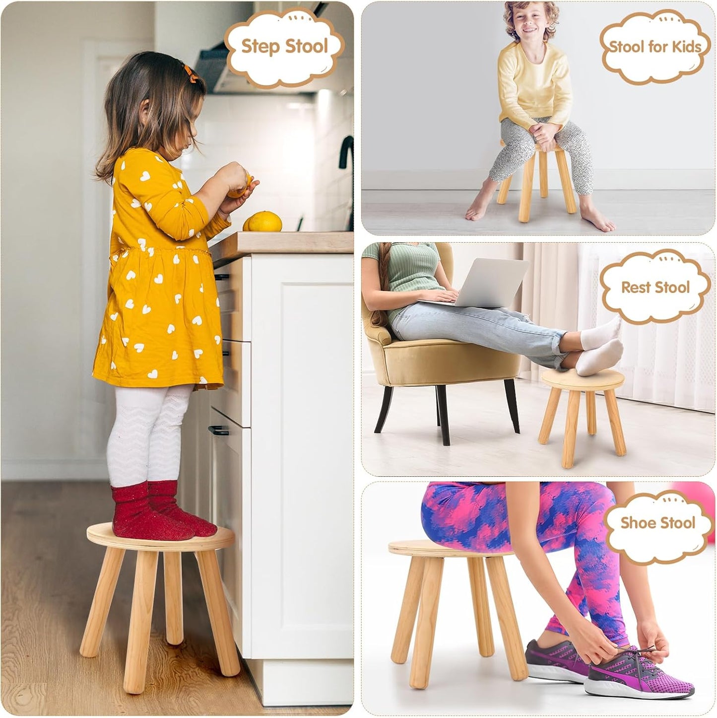 Wingyz Wooden Step Stools for Kids, 10 Inch Solid Kids Chairs Perfect Matched Sensory Table, Multi-Purpose Children Sitting Stool for Playroom Bathroom (Natural, 2 Pack)