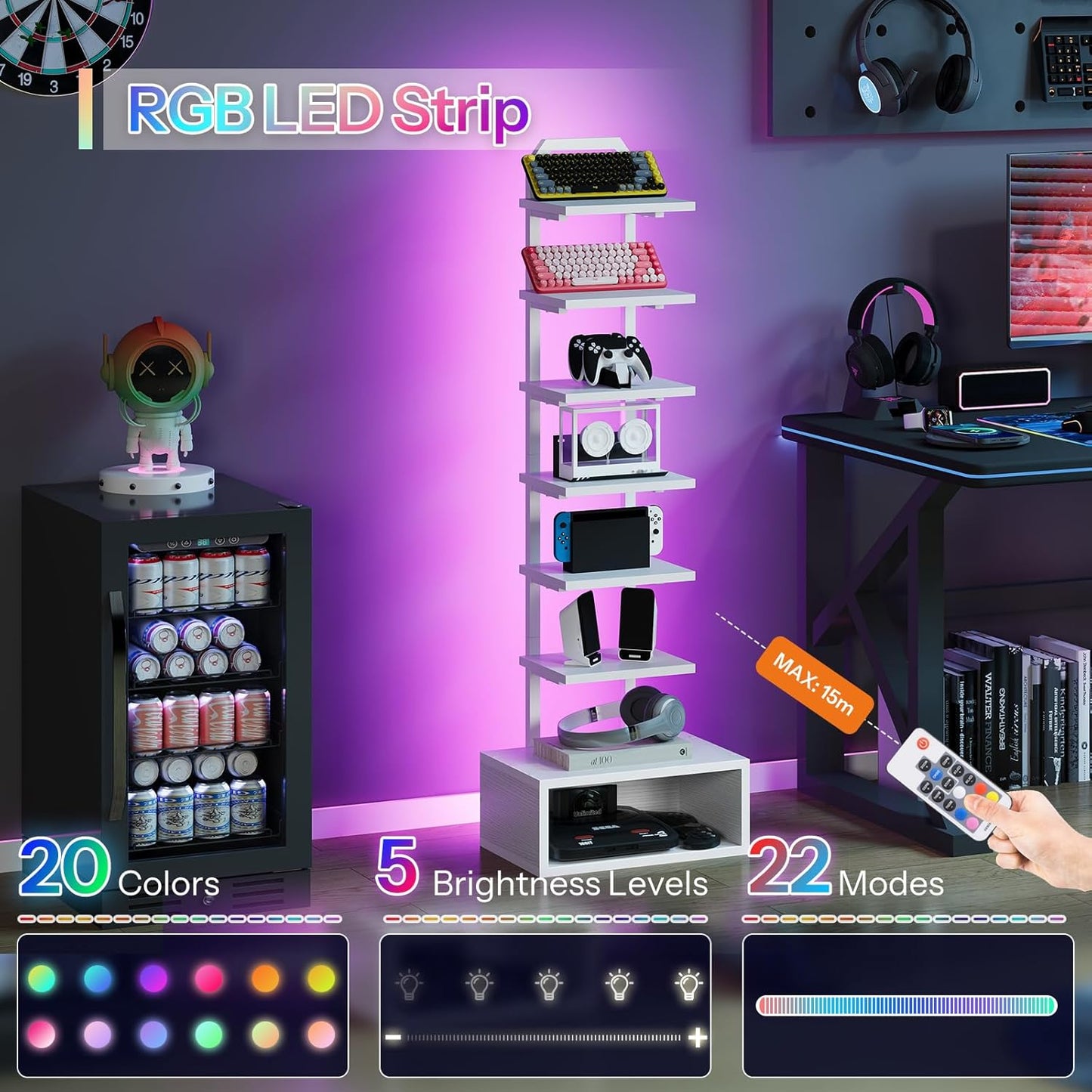 8-Tier Bookshelf, LED Bookcase with Semi-Open Bottom, Small Space Standing Shelf with Lights, Corner Storage Stand, for Living Room, Home Office, Bedroom, White TSJ08DWB