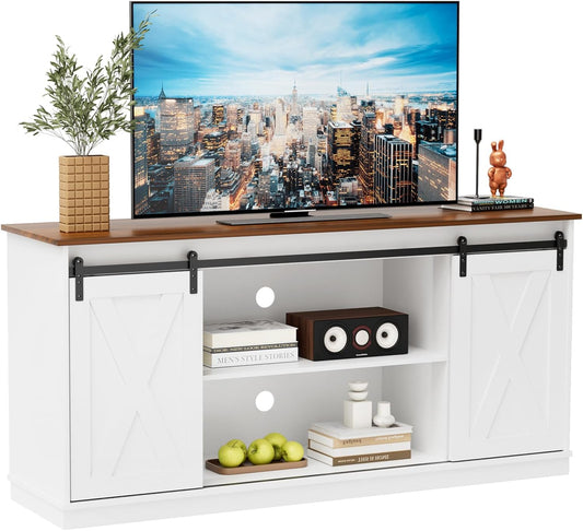 Sweetcrispy TV Stand for Televisions up to 65 Inch Farmhouse Entertainment Center with Storage Cabinets Sliding Barn Doors Modern Living Room Furniture Media Console Table for Bedroom, White