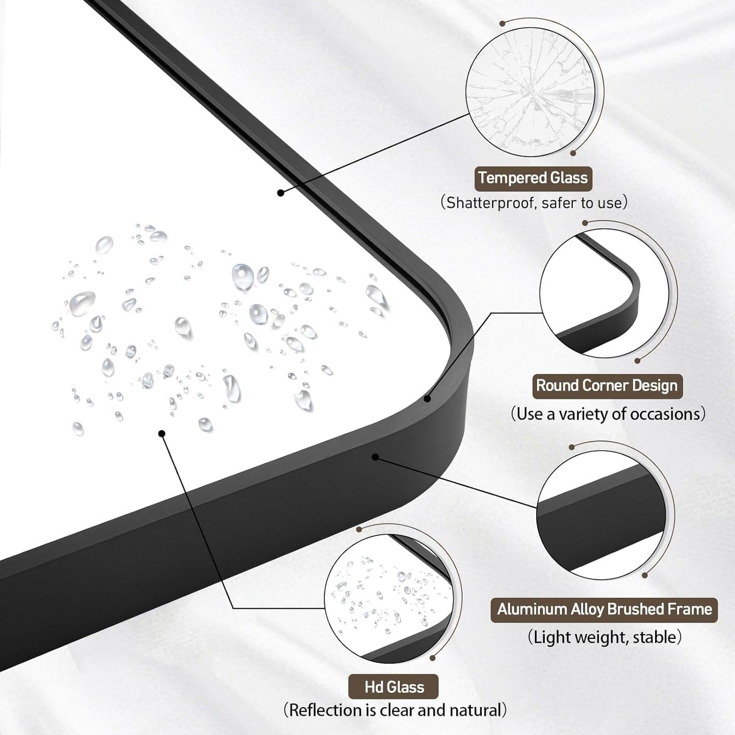 Black Bathroom Mirror, 48x30 Inch Matte Black Mirror, Aluminum Alloy Framed Vanity Mirror, Rounded Rectangle Bathroom Mirror for Over Sink, Anti-Rust Wall Mirror (Horizontally or Vertically)