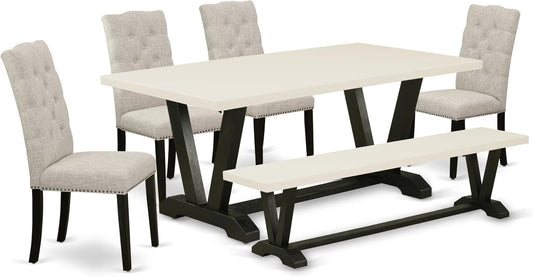 East West Furniture V627EL635-6 6 Piece Dining Table Set Contains a Rectangle Dining Room Table with V-Legs and 4 Doeskin Linen Fabric Parson Chairs with a Bench, 40x72 Inch, Multi-Color