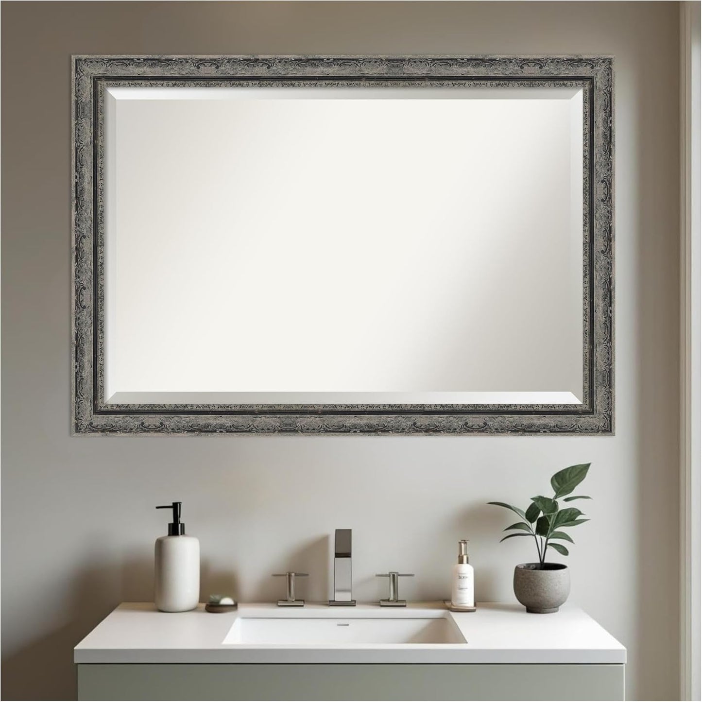 Amanti Art Bathroom Mirror for Over Sink, 29x41 Filigree Matte Black Rectangle Vanity Mirror, Large Traditional Frame, Hangs Horizonally and Vertically, Bathroom Wall Decor, Beveled Edge