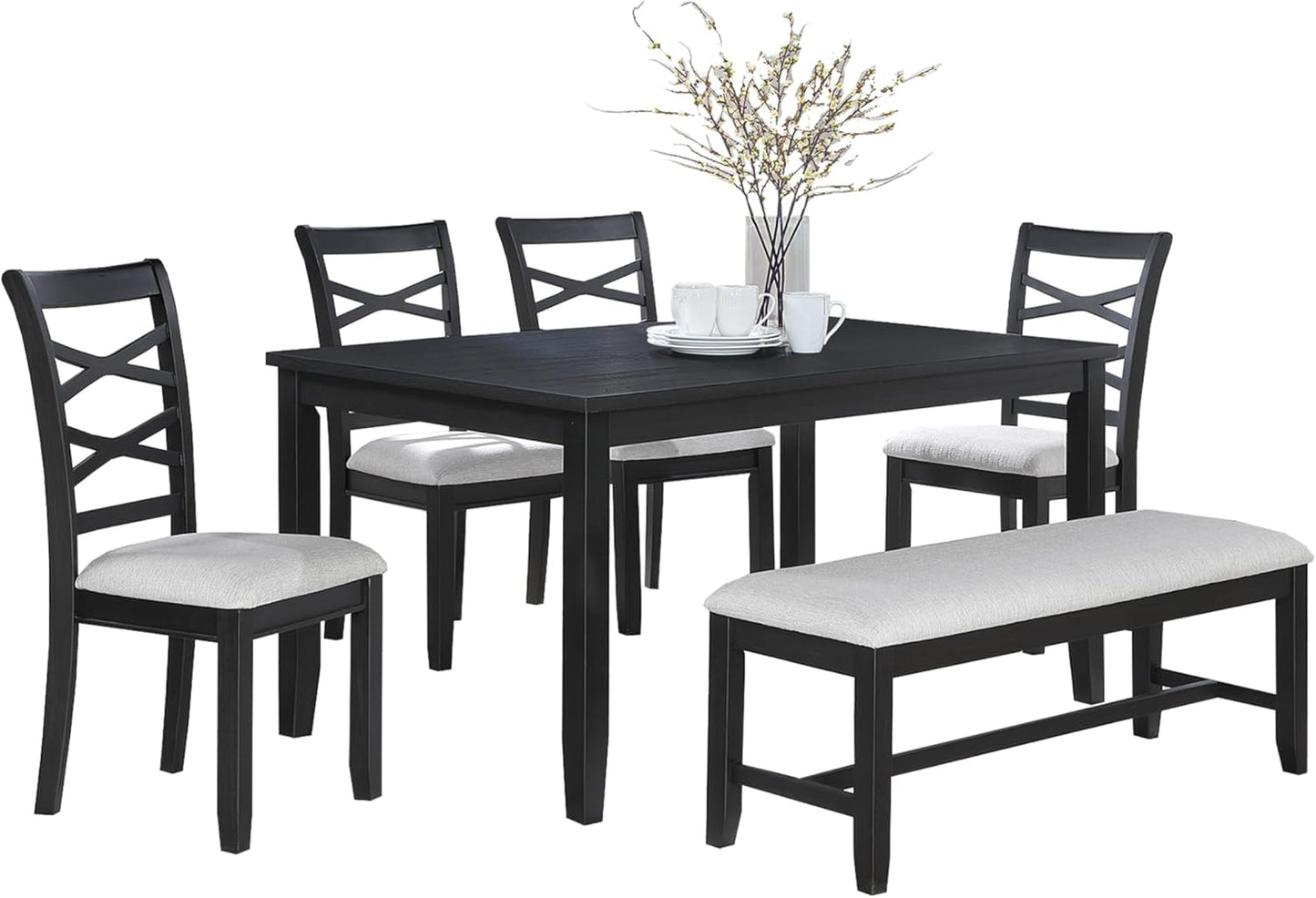 Poundex 6 Piece Charcoal Modern Dining Set with Table, 4 Chairs & Bench