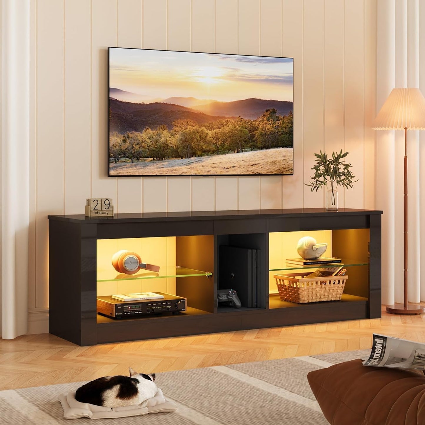 Bestier Modern TV Stand for 65 inch TV with LED Lights, High Gloss Entertainment Console Table with Storage Shelves for Living Room in Glossy Black