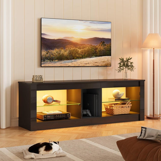 Bestier Modern TV Stand for 65 inch TV with LED Lights, High Gloss Entertainment Console Table with Storage Shelves for Living Room in Glossy Black