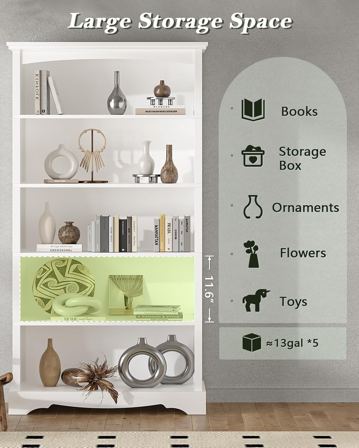 TVU 5-Tier Wood Book Shelf, 65 Inch Tall Bookshelf with Storage, Floor Standing Display Bookcase for Living Room, Office, Study Room, Entryway, White