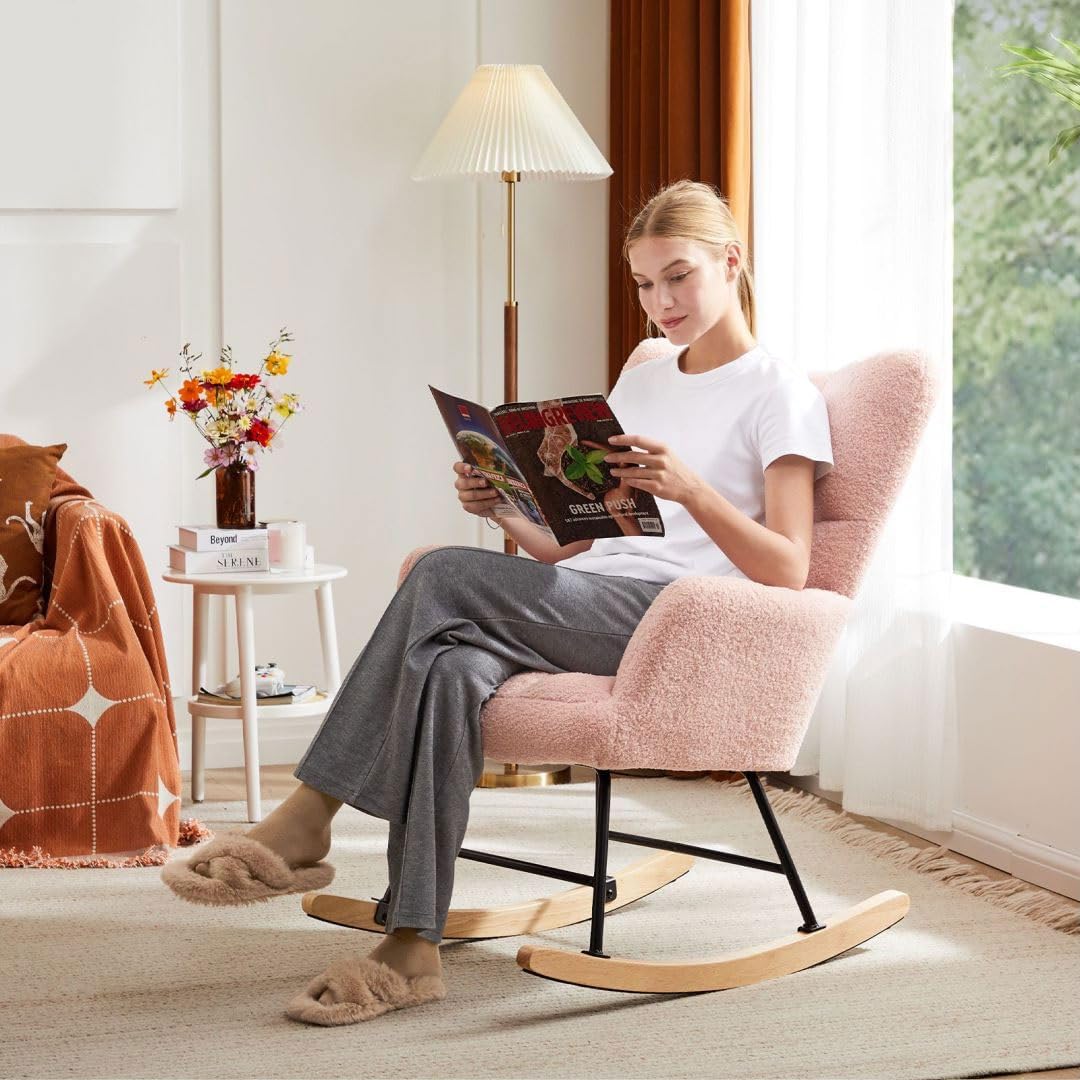 Nursery Rocking Chair, Boho Accent Ottoman, Teddy Upholstered Glider Rocker with High Backrest, Recliner Function and Foot Rest for Living Room, Small Spaces, Bedroom, Pink