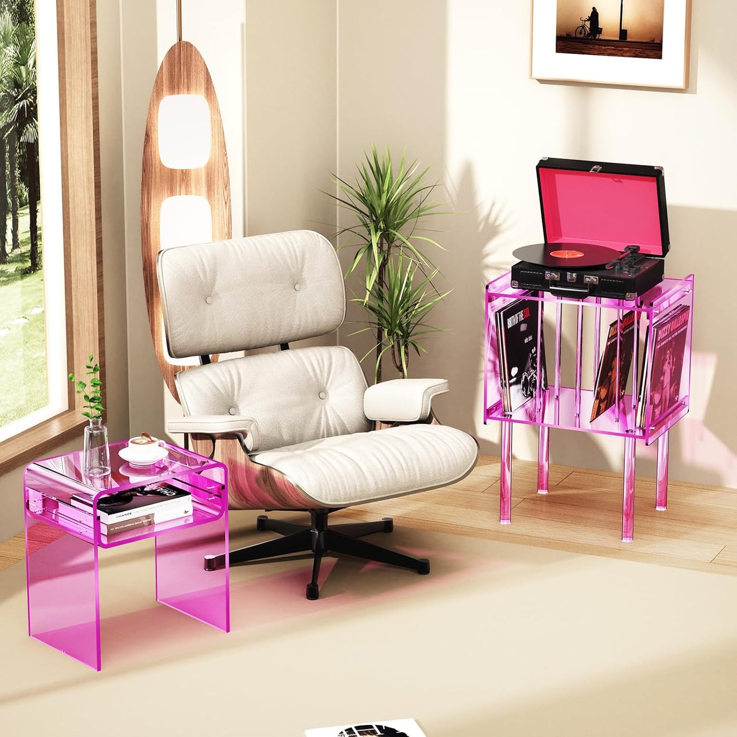 Acrylic Record Player Stand, with Vinyl Storage, Clear Acrylic Side Table, Pink (Pink)