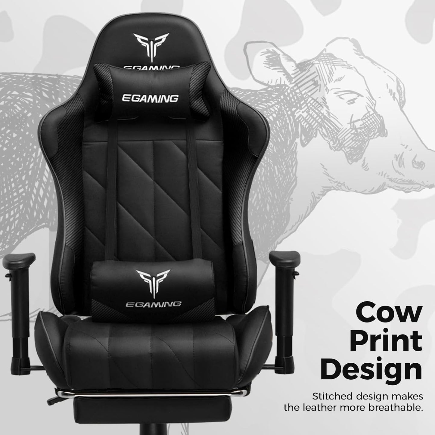 Gaming Chair with 3D Adjustable Armrests, Cow Print Design, Ergonomic Office Chair with High Back, Computer Chair with Footrest,Comfy Diamond Stitching Sest, Game Chair for Adults