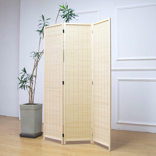 3 Panel Room Divider and Folding Panel Screen,Bamboo Panel Divider Screen for Room Separation,Beige,67" H x 46" W