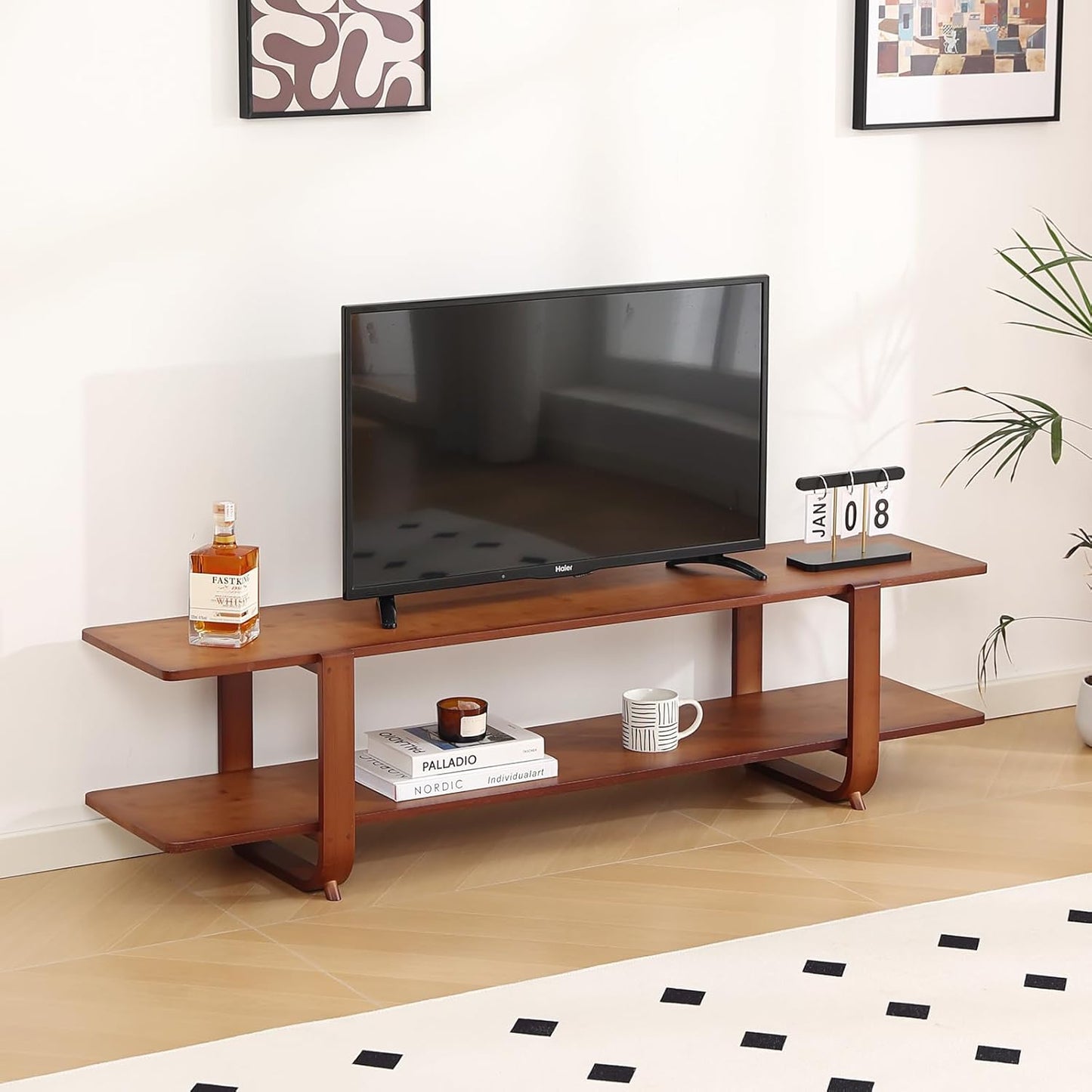 Tiita TV Stand with Storage for TVs up to 65'', Bamboo TV Console Entertainment Center with 2 Open Shelf, Mid Century Modern Media Console for Living Room, Bedroom, Walnut