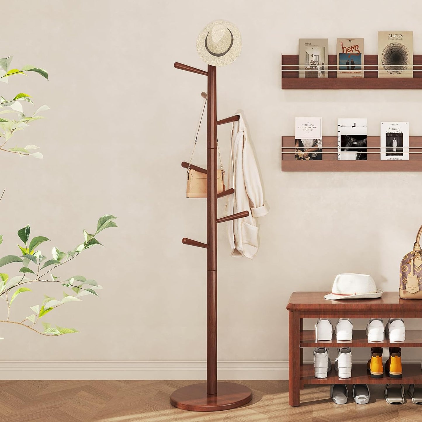 CozyDH Coat Rack Freestanding Solid Wood Coat Rack Stand, Coat Tree Freestanding with 8 Hooks Creative Tree Branch-look for Entryway, Hallway, Bedroom (Walnut)