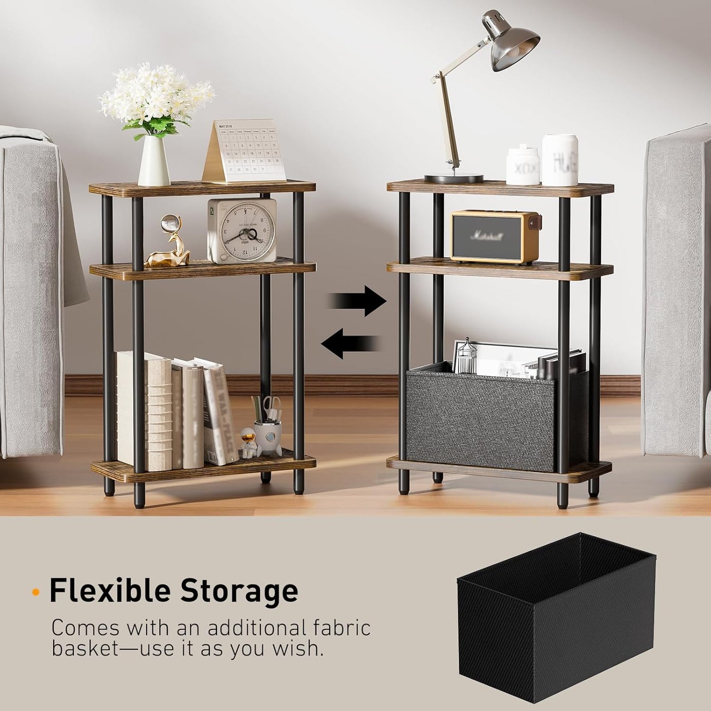 Narrow Side Table with Fabric Basket, 7" Wide, 3 Tier Skinny End Table with Wood Legs, Slim Nightstand/Bedside Table for Small Spaces, with Adjustable Feet, 15.7" L x 23" H