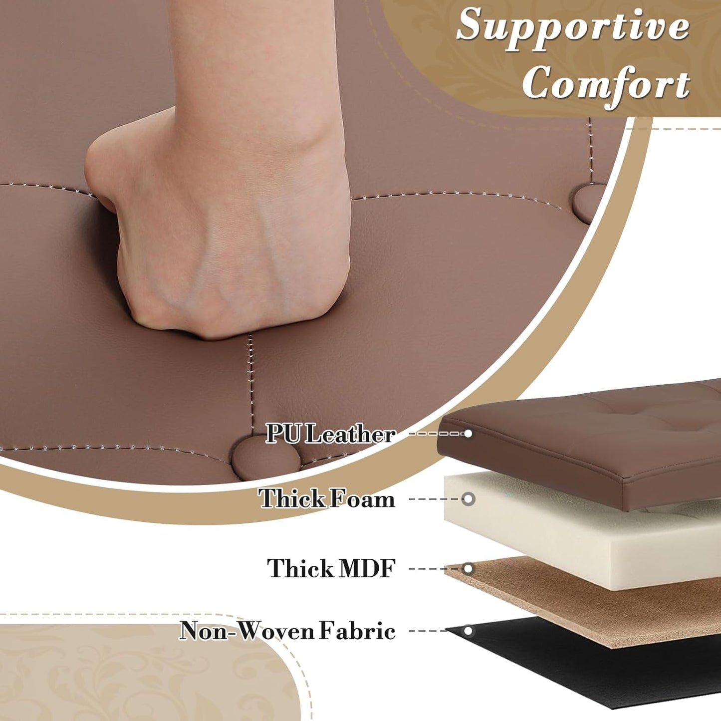 Athena Collection 24.5 Inch Small Ottoman with Storage, Round PU Leather Storage Ottoman Foot Rest with Removable Lid, Multipurpose Footstool Footrest for Livingroom, Bedroom, Dorm, Brown