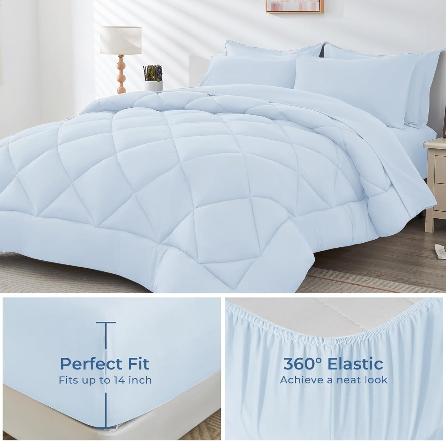 HEVUMYI Light Blue Cali-King Comforter Set - 7-Piece All Season Bed in a Bag Cali-King, Ultra Soft Bedding Set with Comforter, Flat Sheet, Fitted Sheet, Pillowcases, Pillow Shams