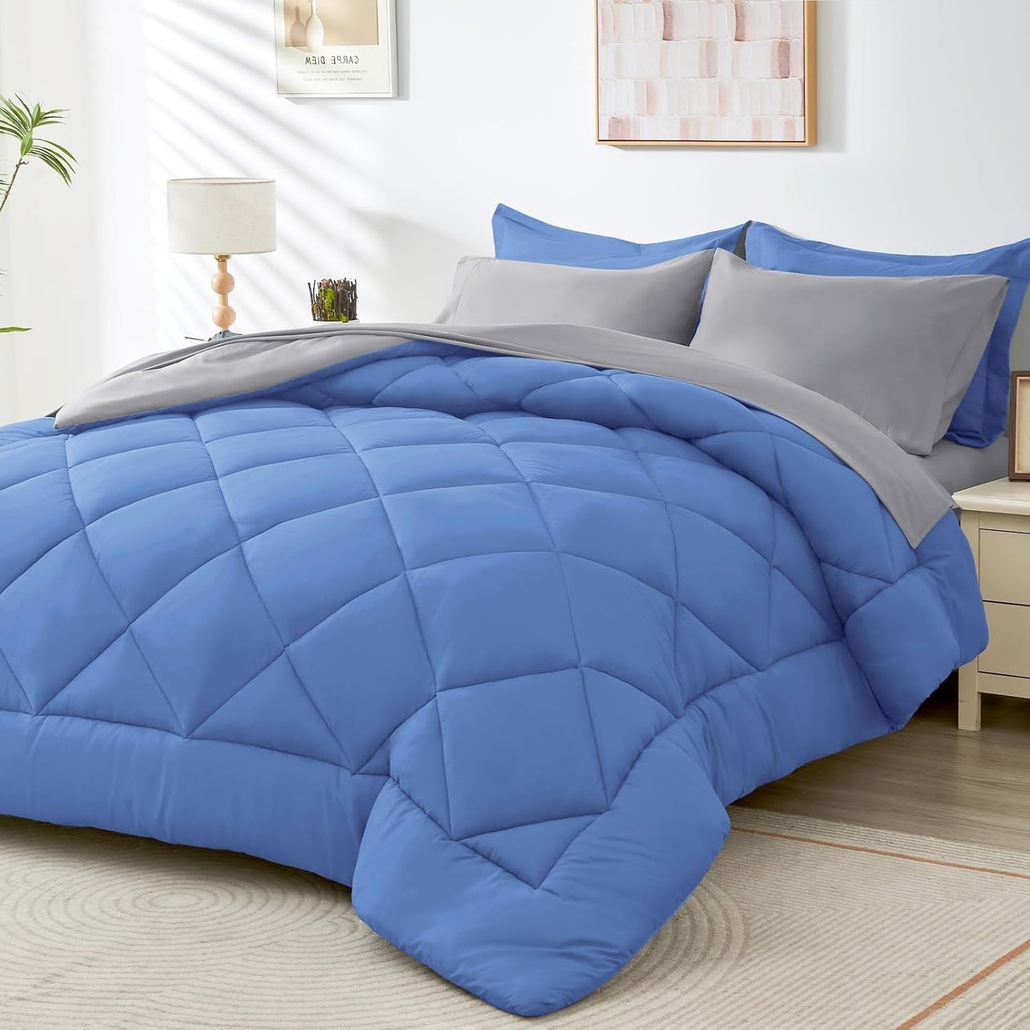HEVUMYI Royal Blue & Light Grey Twin-XL Comforter Set - 5-Piece All Season Bed in a Bag Twin-XL, Ultra Soft Bedding Set with Comforter, Flat Sheet, Fitted Sheet, Pillowcases, Pillow Shams, Royal Blue