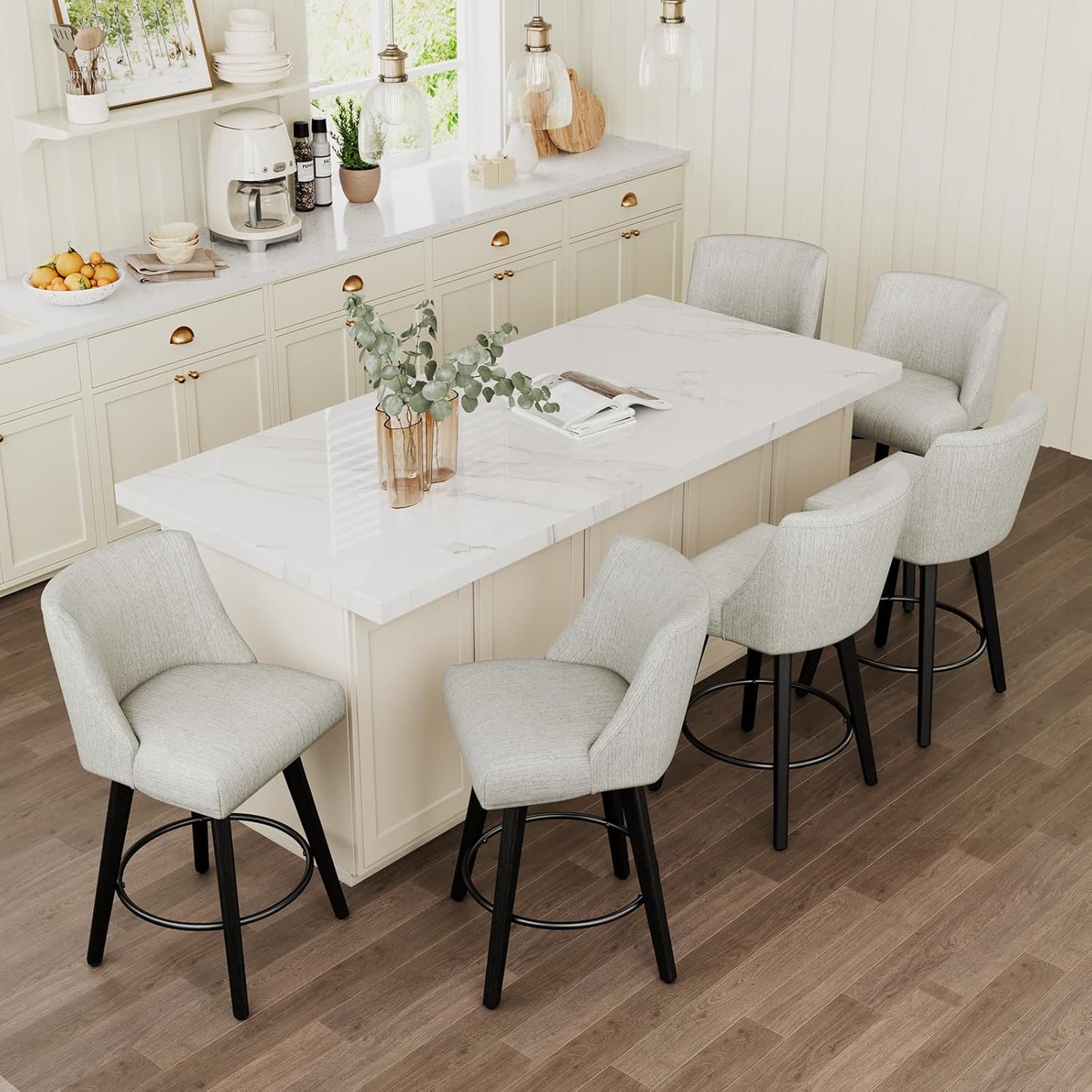 Vipbear Swivel Counter Height Bar Stools Set of 6,26.8" H Counter Stools with Back, Mid Century Modern Bar Stools for Kitchen Island,Linen Fabric,Wooden Base, White