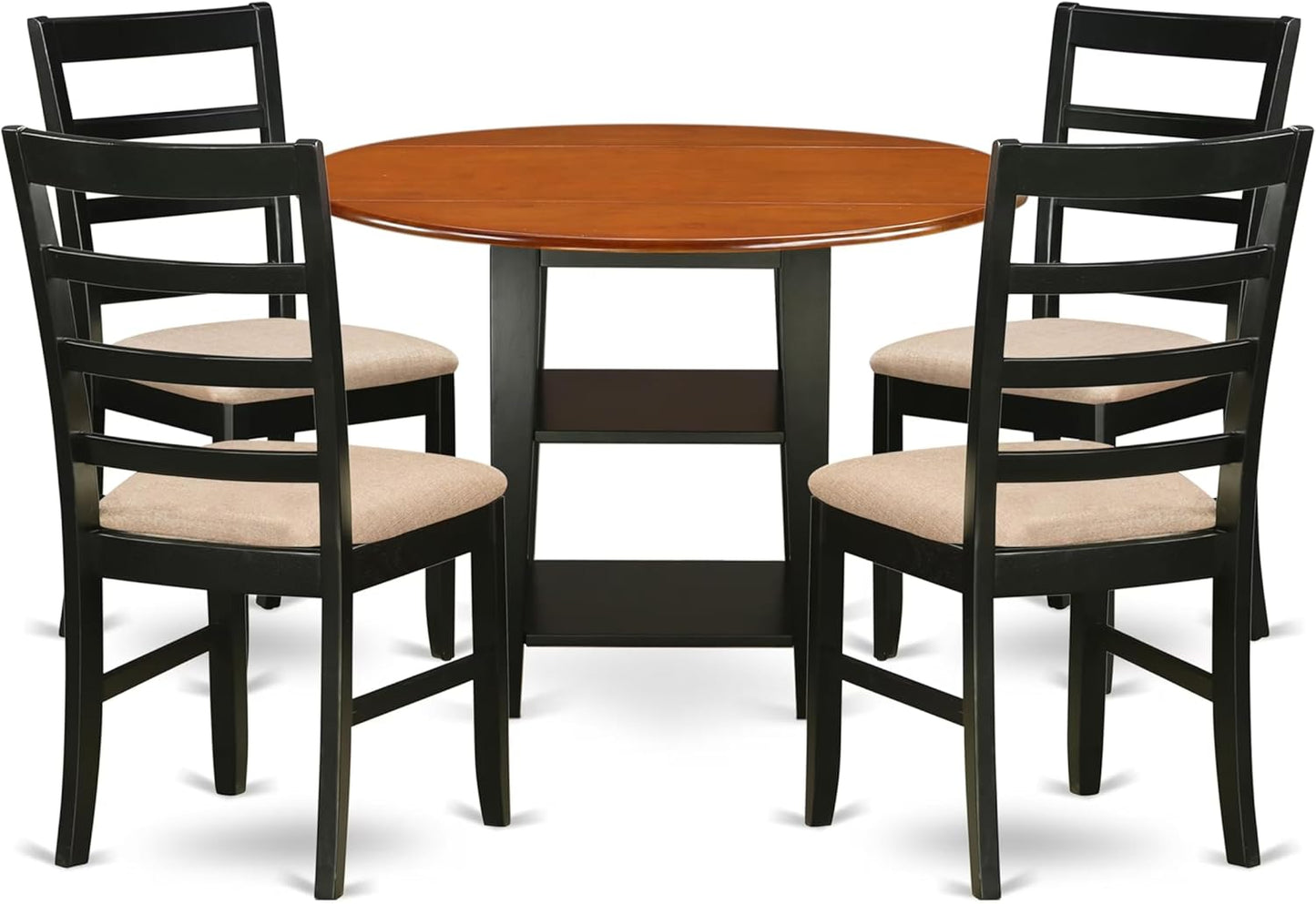 East West Furniture SUPF5-BCH-C 5 Piece Kitchen Table & Chairs Set Includes a Round Dining Table with Dropleaf & Shelves and 4 Linen Fabric Dining Room Chairs, 42x42 Inch, Black & Cherry