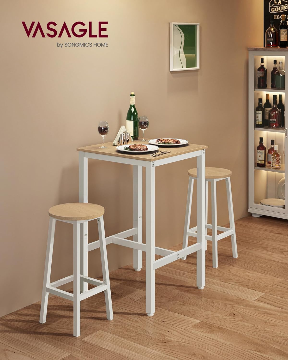 VASAGLE Bar Table, Small Kitchen Dining Table, High Top Pub Table, Height Cocktail Table for Living Room Party, Sturdy Metal Frame, 23.6 x 23.6 x 36.2 Inches for Narrow Spaces, Oak Beige and White