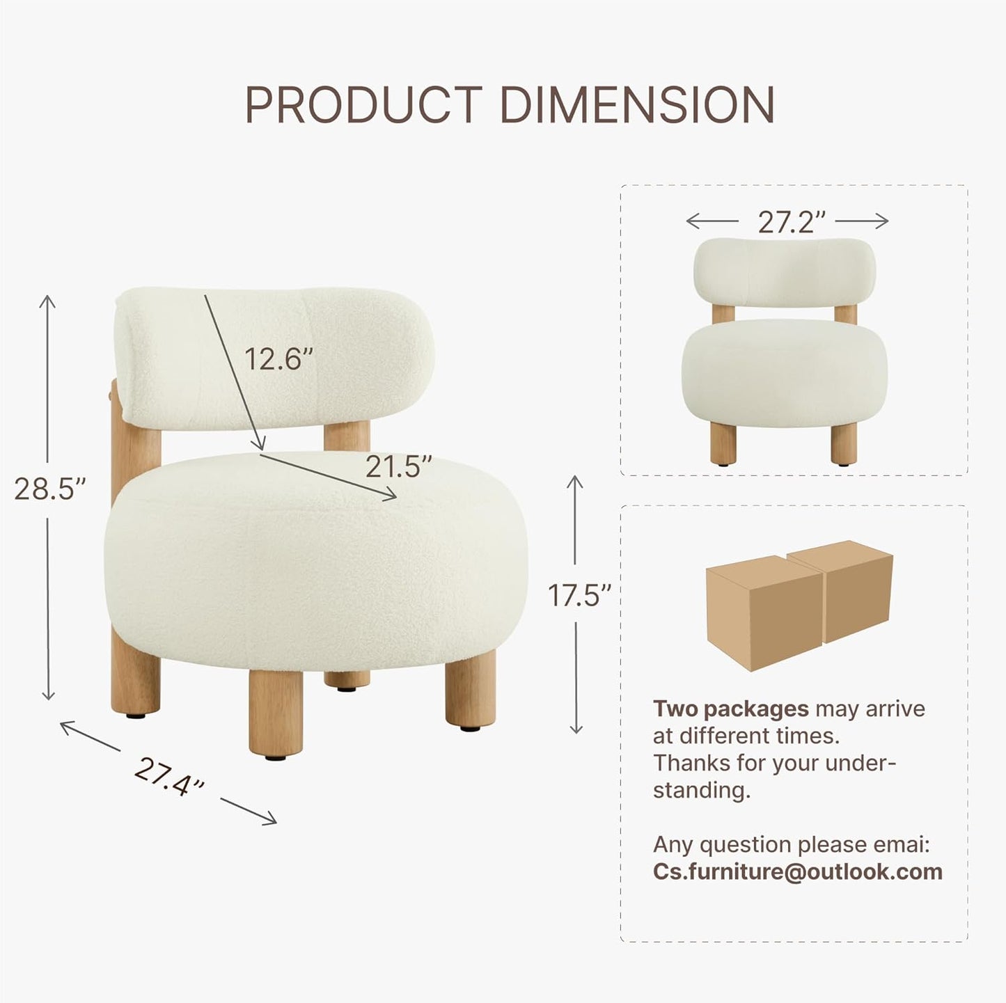 Modern Boucle Accent Chair Set of 2, with Plush Faux Sherpa Upholstery, Curved Backrest, Solid Wood Legs for Living Room Bedroom Reading Nook, 27.5", White