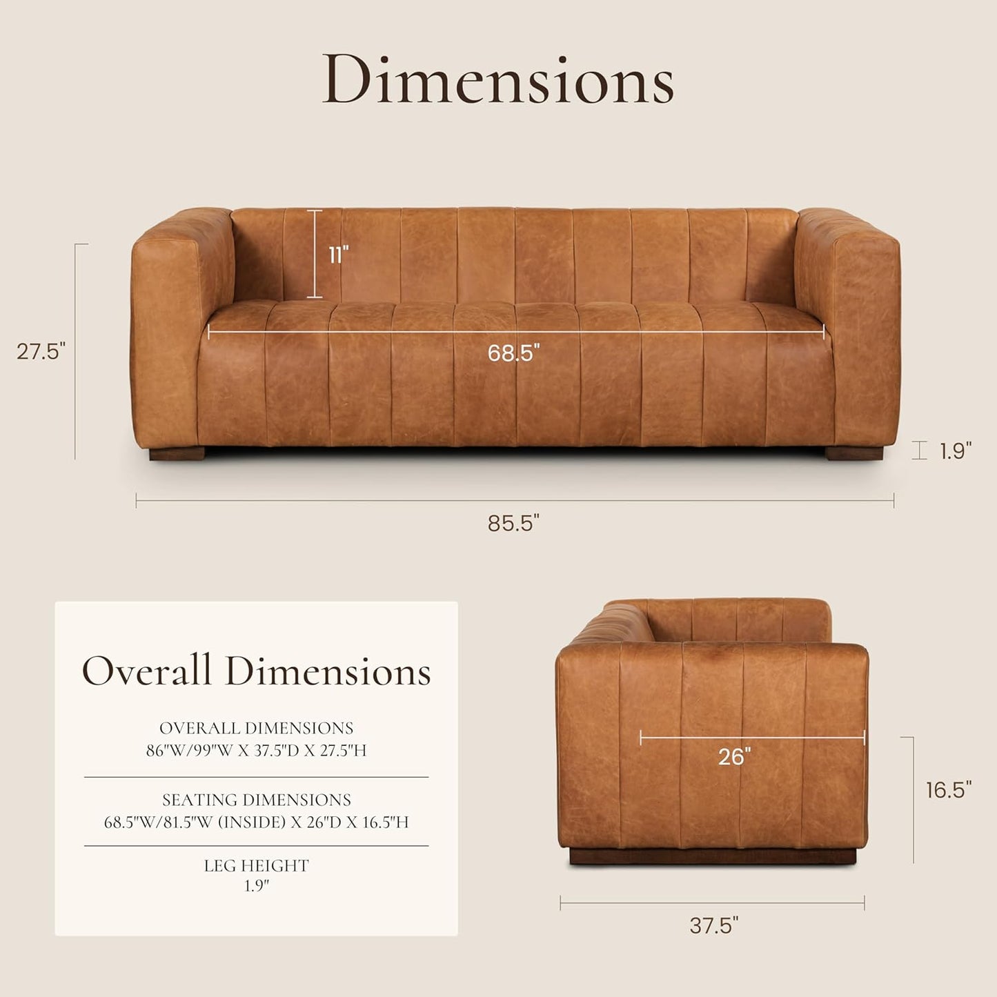 Poly & Bark Canale Leather Couch - 86 Inch Sofa - Full-Grain Channel Tufted Leather Sofa for Living Room - Living Room Couch - Pure Aniline Vintage Italian Leather in Cognac Tan