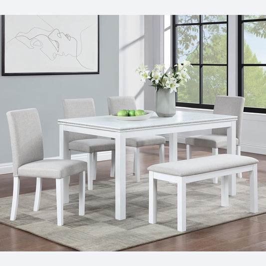 soges 6 Piece Wooden Dining Table Set, Dining Room Table with 4 Upholstered Chairs and Bench, Rectangular 6-Person Kitchen Dining Table Set with Crystal Decoration, White