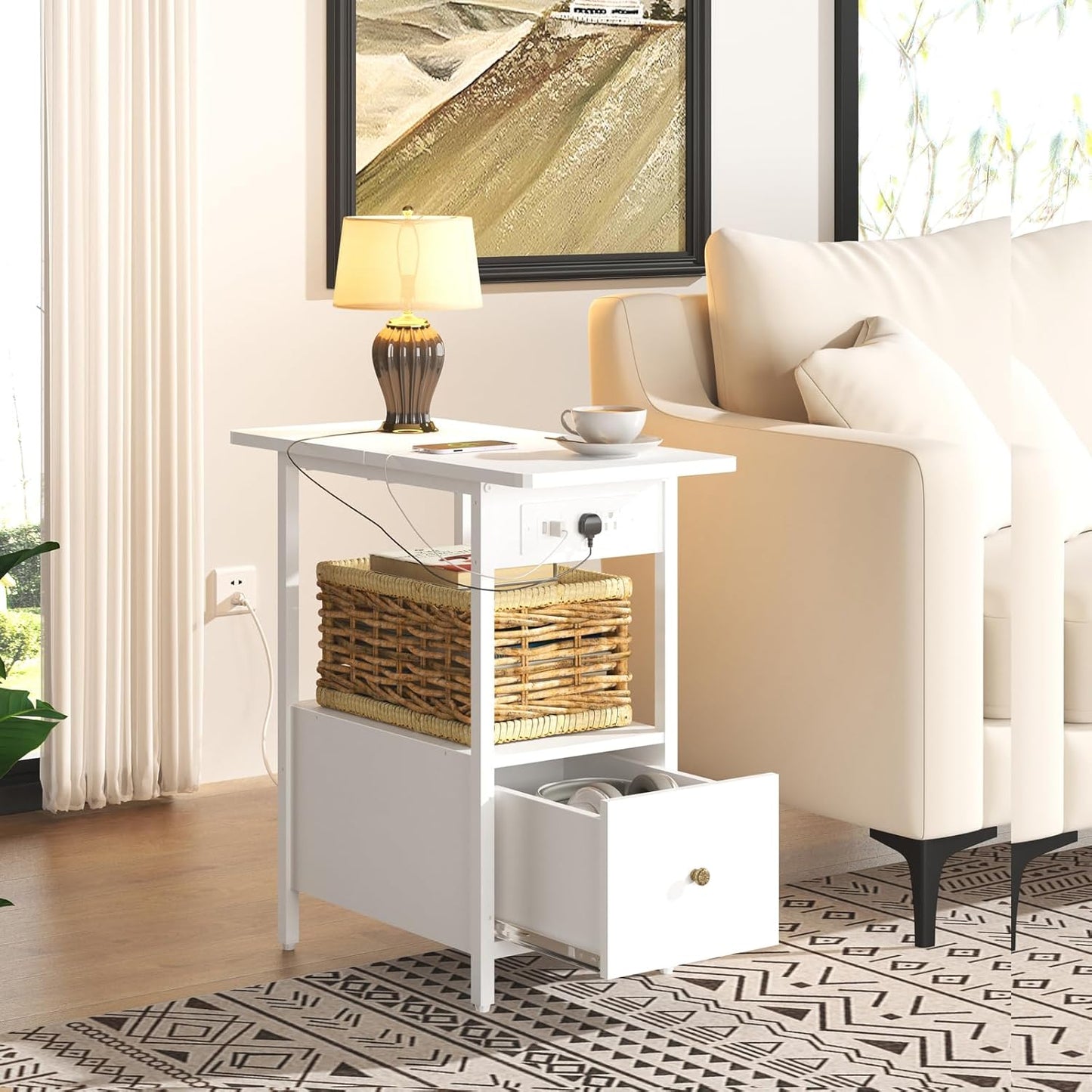 LIDYUK End Table with Charging Station, Narrow Side Table with Drawer and USB Ports & Power Outlets, Nightstand Bedside Tables for Small Spaces, Bedroom, Living Room, White, Set of 2