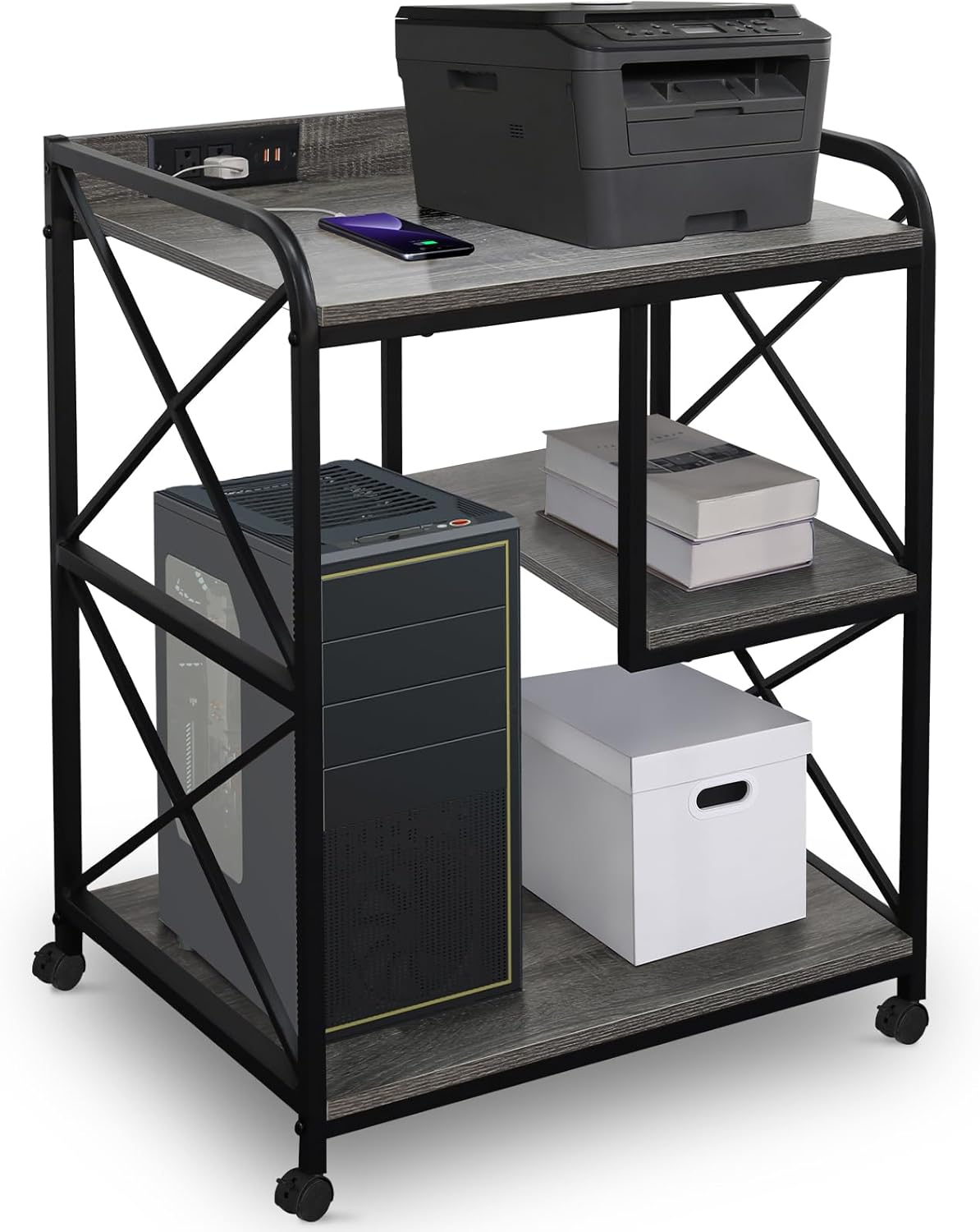 Printer Stand Printer Table with Storage Shelf for Home Office 23 x 18 Inch Large Printer Stand with Power Outlet Rolling Printer Table with Wheels Pinter Cart Tower Stand Grey Oak