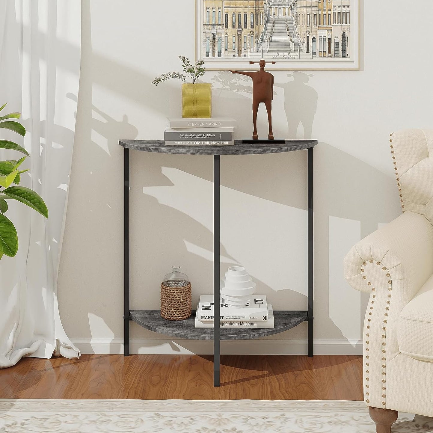 Homode Rustic Grey Farmhouse Half Moon Table, 26 x 11 x 28 inches, Small Entryway Table for Indoor Use