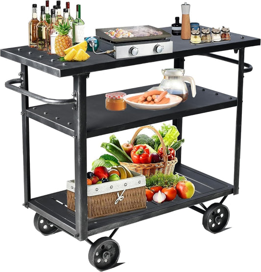 Industrial 3 Tier Mobile Bar Cart Rustic Metal Serving Cart with Wheels and Side Handles Vintage Rolling Kitchen Stand Cart-LxWxH: 36.2 * 15.75 * 30.5inch