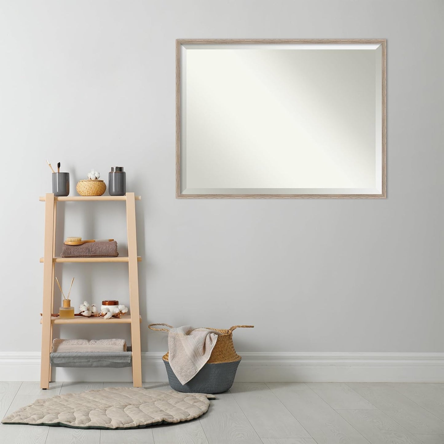 Amanti Art White Bathroom Mirror for Over Sink, 31x41 Hardwood Wedge White Wash Rectangle Vanity Mirror, X-Large Rustic Farmhouse Wood Frame, Hangs Horizonally and Vertically, Bathroom Wall Decor