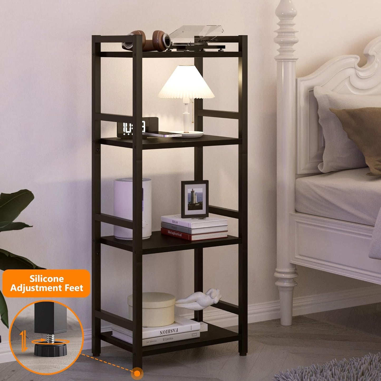 Book Shelf, 4 Tier Bookcase with Steel Frame, Stable Bookshelf Narrow Book Shelves Storage Organizer for Book CD Movie, Open Book Shelves for Living Room, Home Office, Study, Black