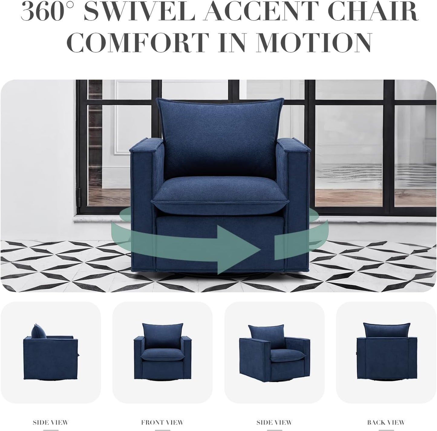 COLAMY Swivel Accent Chair, 34 Inches Wide Upholstered Arm Chair with Plump Back Pillow, Modern Sofa Living Room Chair for Bedroom, Corner, Reading Nook-Blue