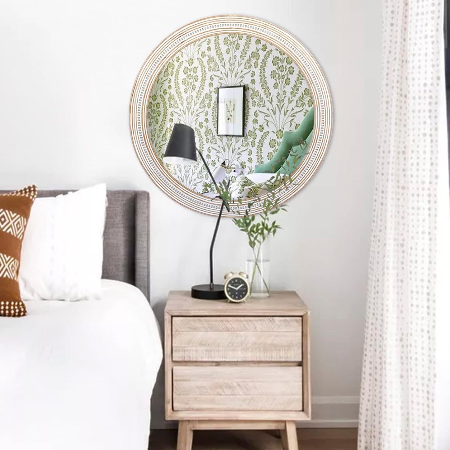 32 Inches Farmhouse Round Wood Mirrors for Wall Decor, Rustic Decorative Circle Mirror for Bathroom, Living Room, Foyer, Entryway