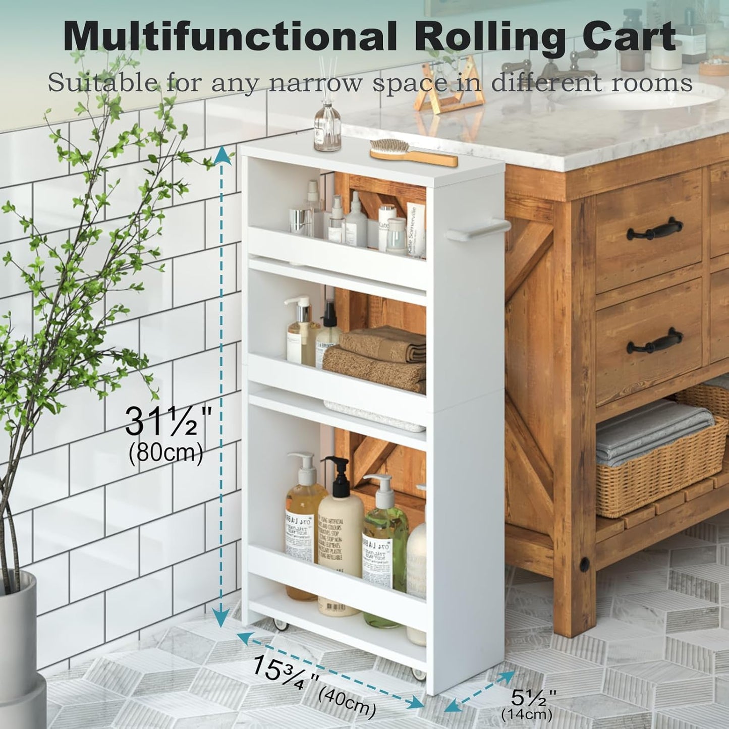 MARTY White Slim Storage Cart with Wheels, 4 Tier Rolling Utility Cart with Handle Slide Out Shelving Unit Organizer Trolley for Laundry Kitchen Bathroom Narrow Places Small Corner
