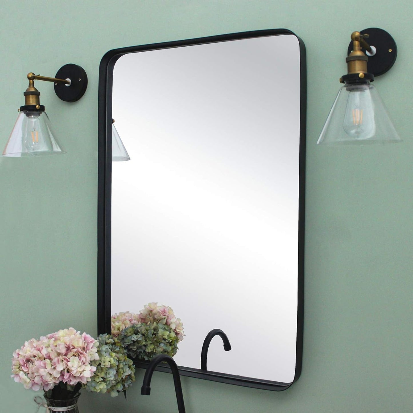 TEHOME 24x36 Matt Black Metal Framed Bathroom Mirror for Wall in Stainless Steel Matte Black Rounded Rectangular Bathroom Vanity Mirrors Wall Mounted