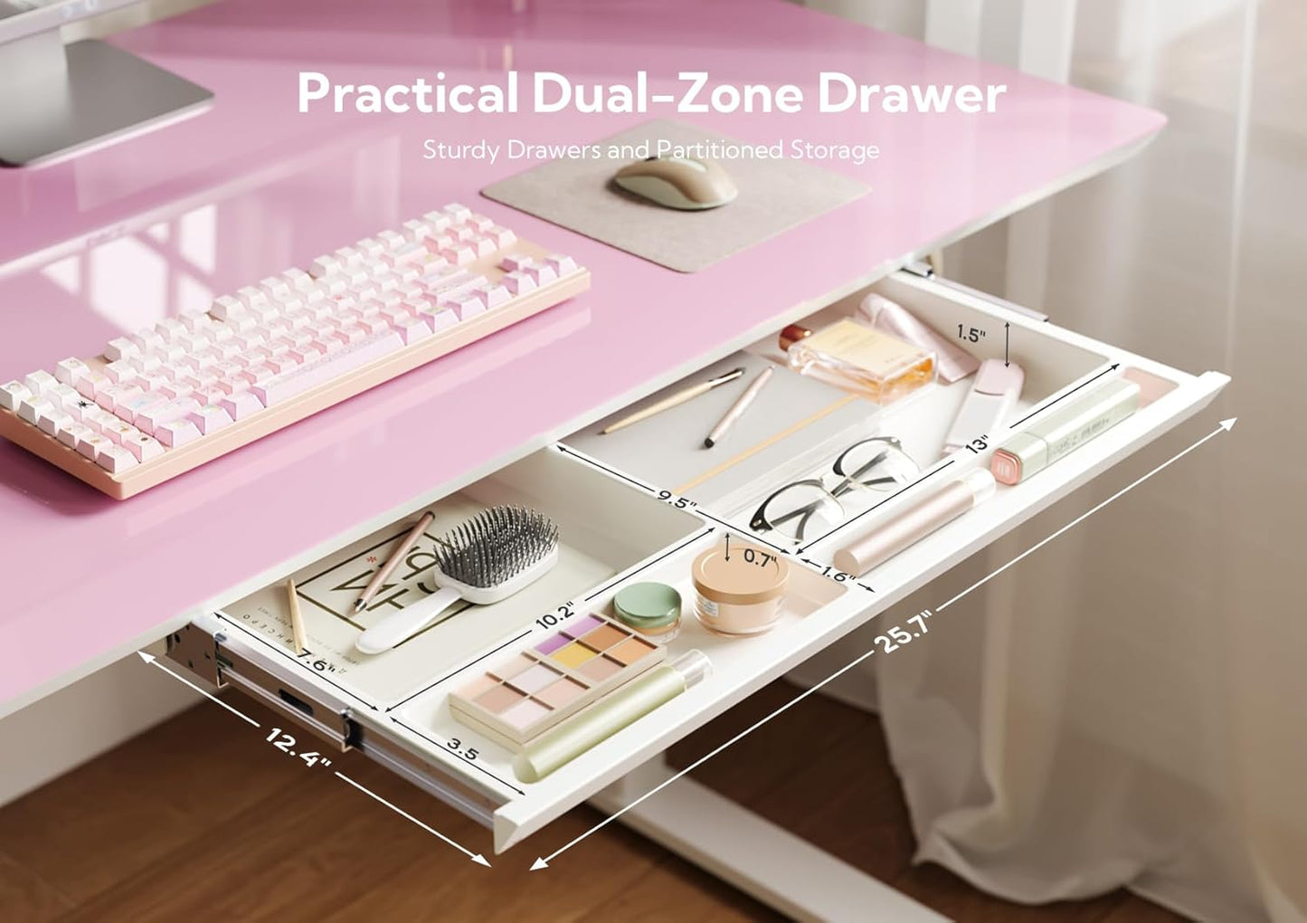 INNOVAR Glass Standing Desk with Drawers, Adjustable Height Stand Up Desk, Electric Standing Desks with Storage, 48 inch, Morandi Powder