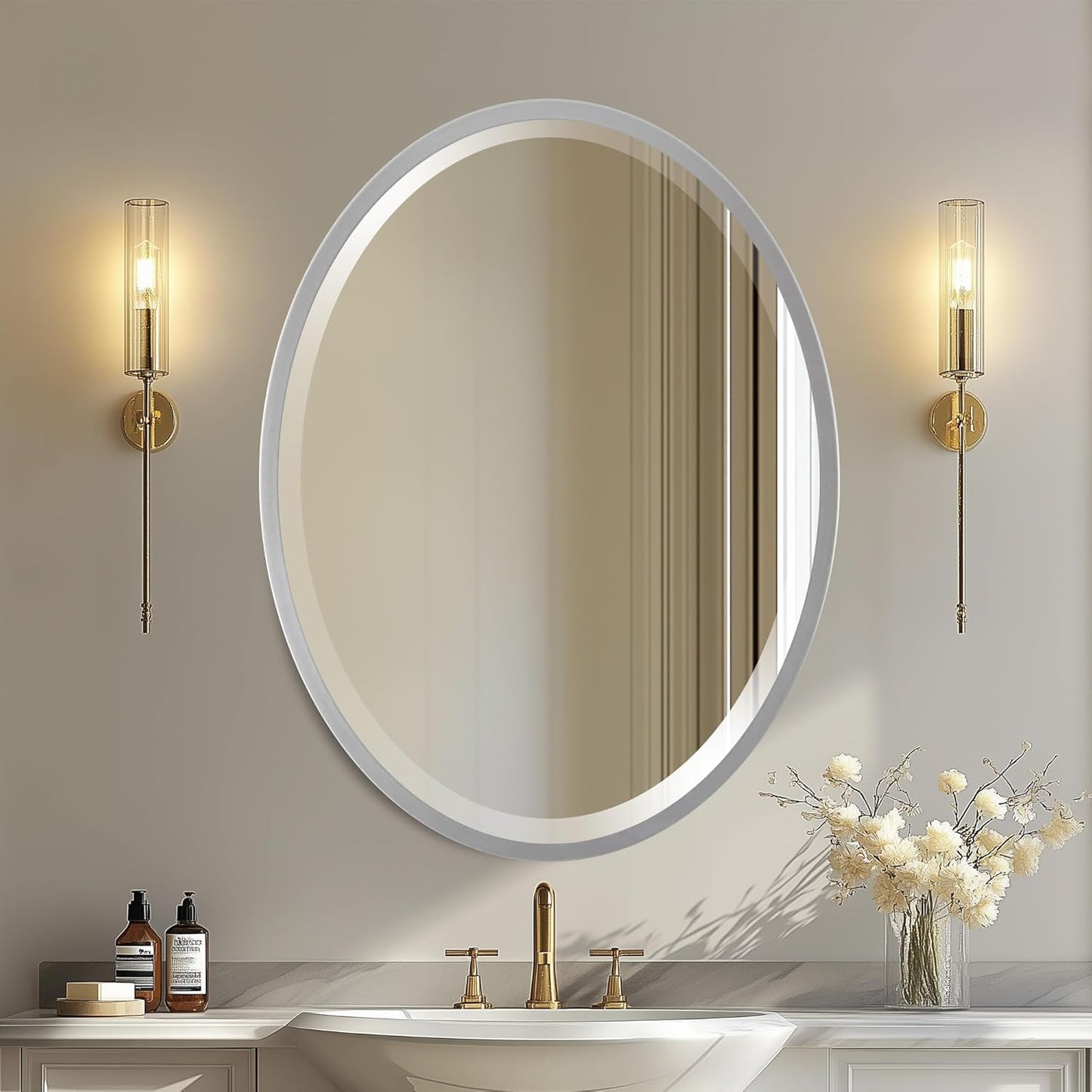 OVALCREST - Oval Wooden Beveled Wall Mirror for Home Decor, Bathroom, Vanity, Bedroom, Living Room, Hallway - London Style (Silver Spray) 21.1 x 31.1